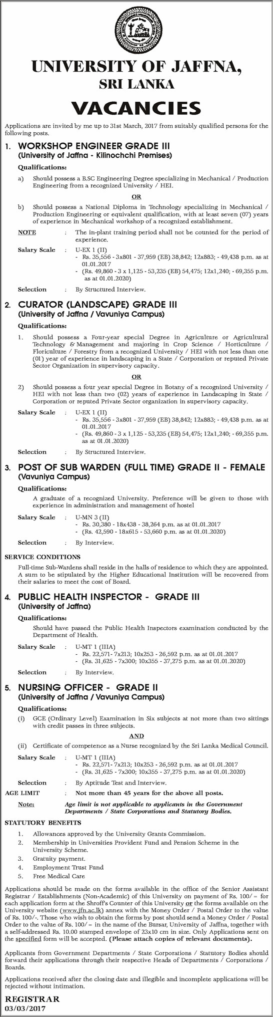 Workshop Engineer, Curator (Landscape), Sub Warden (Female), Public Health Inspector, Nursing Officer - University of Jaffna